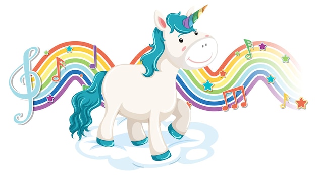 Free vector unicorn standing on the cloud with melody symbols on rainbow wave