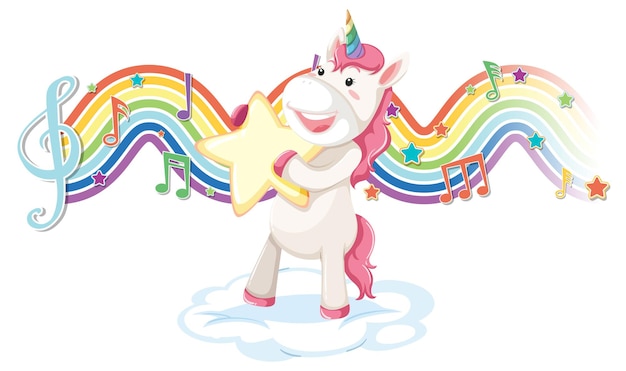 Unicorn standing on the cloud with melody symbols on rainbow wave