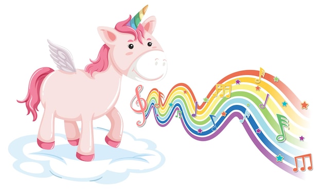 Unicorno in piedi sulla nuvola con simboli di melodia sull'onda arcobaleno Vettore gratuito