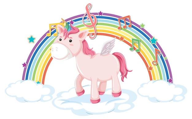 Unicorno in piedi su una nuvola con simbolo arcobaleno e melodia