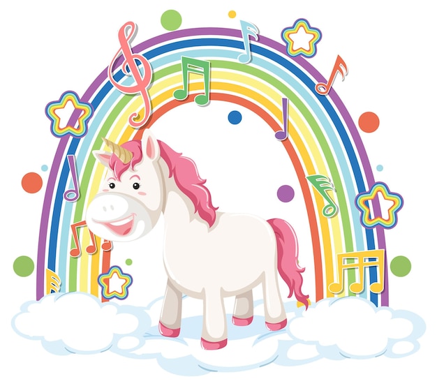 Vettore gratuito unicorno in piedi su una nuvola con simbolo arcobaleno e melodia