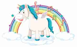 Vettore gratuito unicorno in piedi su una nuvola con simbolo arcobaleno e melodia