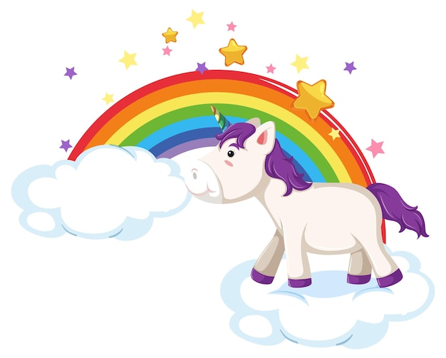 Unicorno in piedi sulla nuvola con arcobaleno