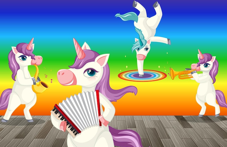 Free Vector unicorns doing different activities on rainbow gradient background