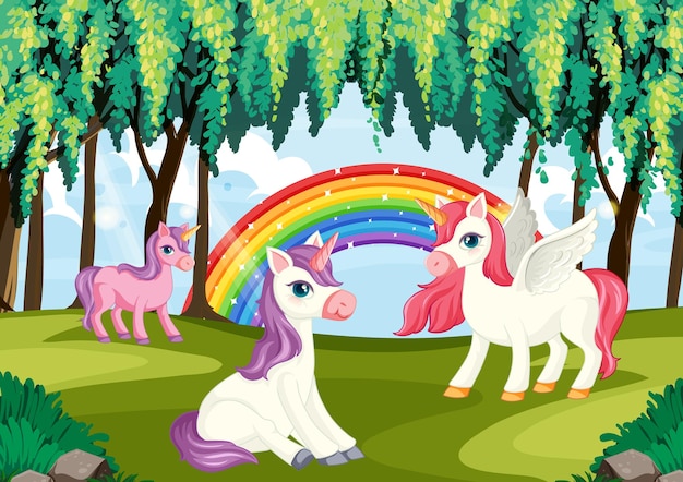 Unicorns in enchanted garden background