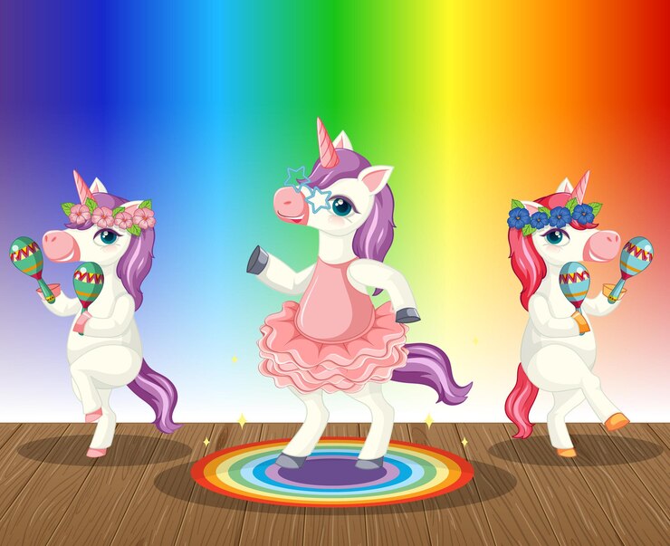 Free Vector unicorns playing maracas on rainbow gradient