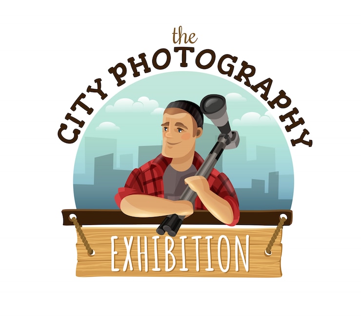 Free Vector unique city photography custom logo design advertisement with man holding camera against cityscape  colorful 