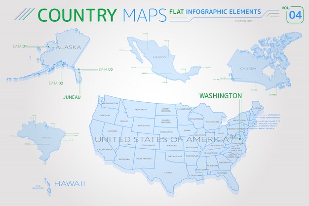 Canada Country Map With States Premium Vector | United States Of America, Alaska, Hawaii, Mexico, Canada  And Brazil Vector Maps