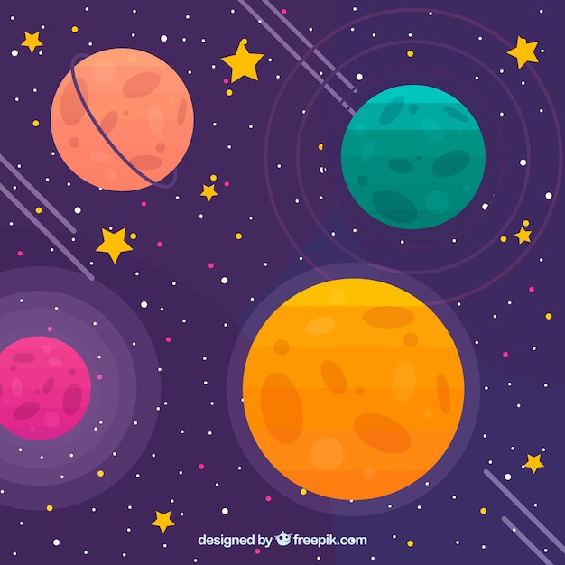 Universe background with colorful planets in flat design