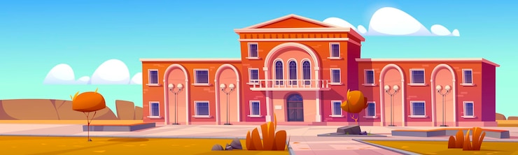 Free Vector university campus, library facade with front yard