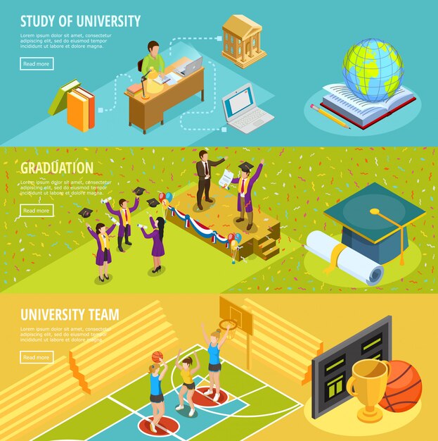 University Education 3 Isometric Horizontal Banners 