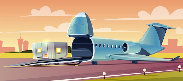 Unloading or loading heavy container on cargo airplane with upped nose in airport cartoon