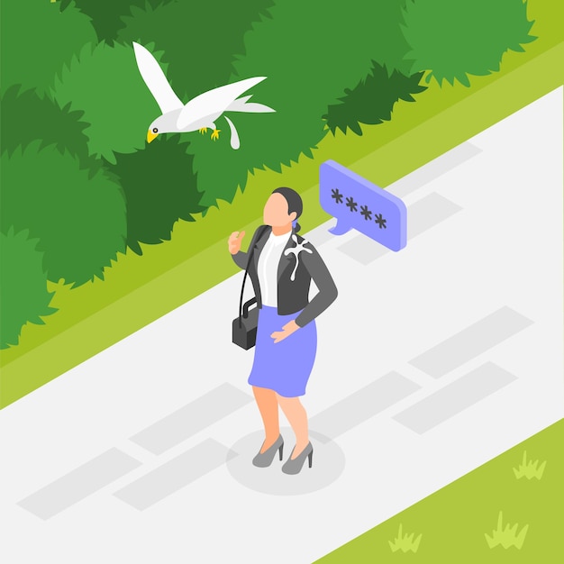 Free vector unlucky day isometric background with woman got bird poop on clothes 3d vector illustration