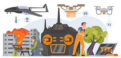 Free vector unmanned aerial vehicles concept with combat symbols flat vector illustration