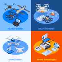 Free vector unmanned aircrafts isometric compositions