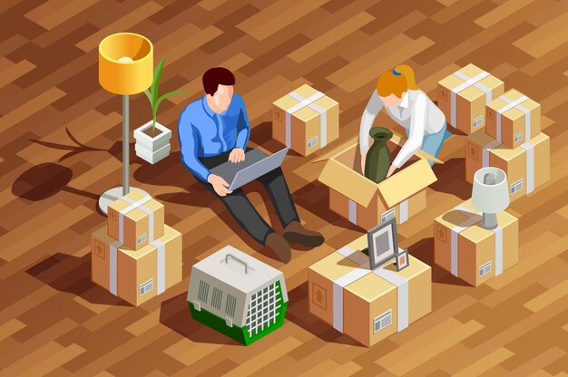 Unpacking Boxes Isometric Composition