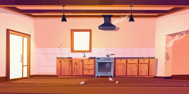 Free vector untidy kitchen with dirty furniture and cobweb