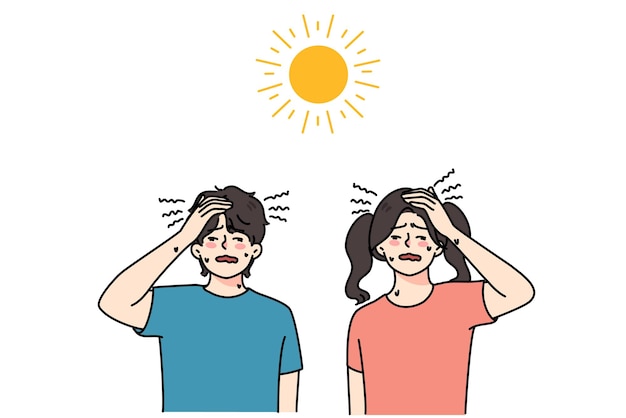 体調​不良​の​子供​は​、​熱射病​で​汗​を​かき​、​めまい​や​頭痛​を​感じます​。​不​健康な​小さな​子供たち​は​、​太陽​に​圧倒される​暑い​天気​に​苦しんでいます​。​健康​問題​。​ベクトル​イラスト​。