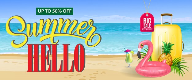 Up to fifty percent off, big sale, summer banner. Fresh cocktail, pineapple, toy flamingo