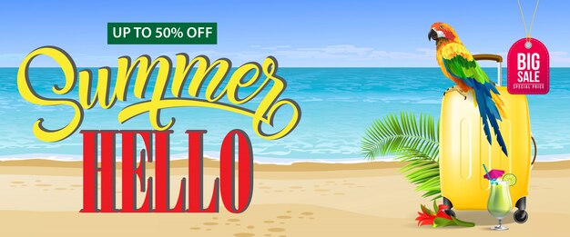 Up to fifty percent off, big sale summer banner. Fresh cocktail, red flower, yellow travel