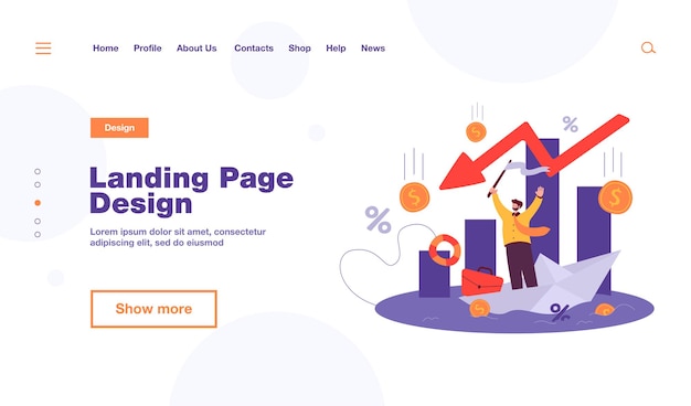 ビジネスの失敗のランディングページテンプレートのために助けを求めている小さな男を動揺させる