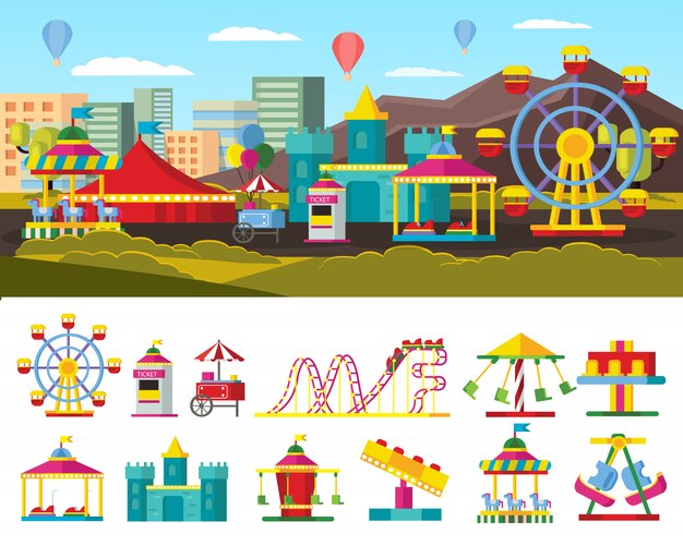 子供遊び場遊具イラストと秋秋の都市公園 プレミアムベクター
