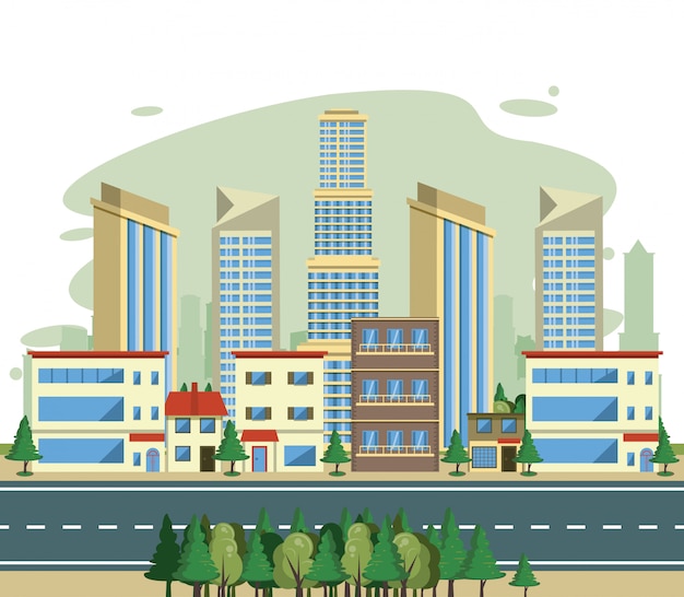Бесплатное векторное изображение Городские здания городской пейзаж сценарий