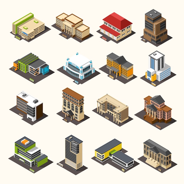 Urban buildings isometric collection