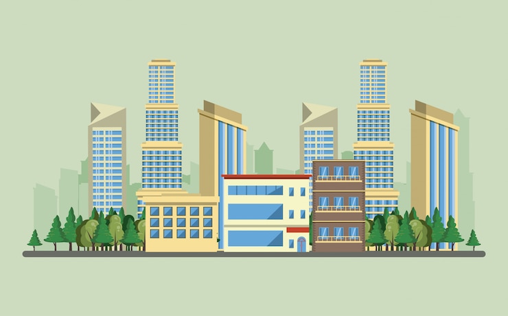 Free Vector urban buildings with cityscape scenery 