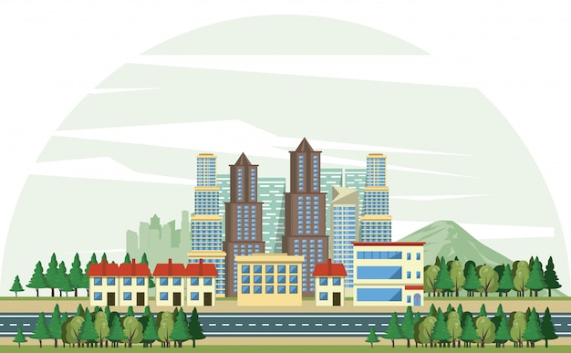 Free vector urban buildings with cityscape scenery