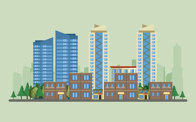 Free vector urban buildings with cityscape scenery