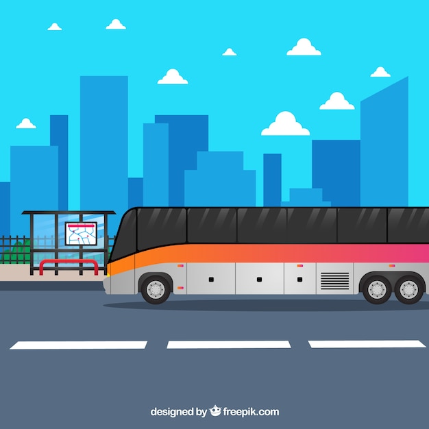 무료 벡터 평면 디자인의 도시 버스 및 버스 정류장