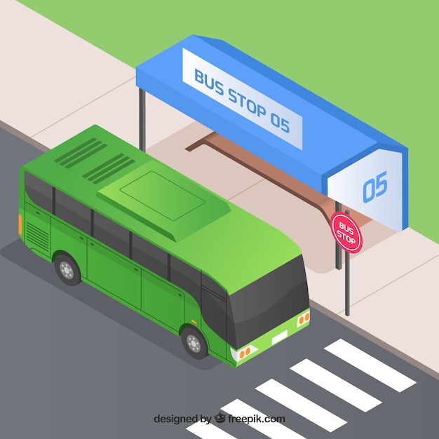 Городской автобус и автобусная остановка с изометрическим видом
