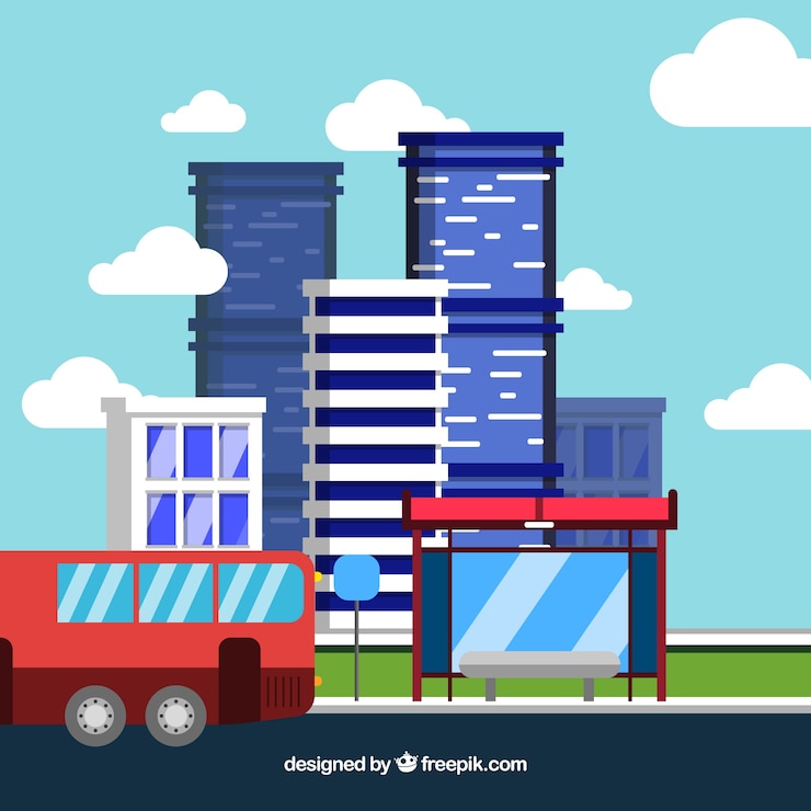 Free Vector urban bus and bus stop with flat design