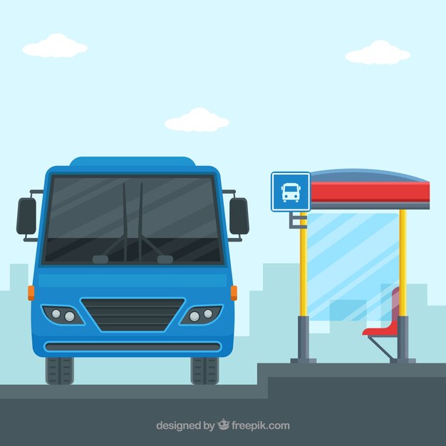 Urban bus and bus stop with flat design