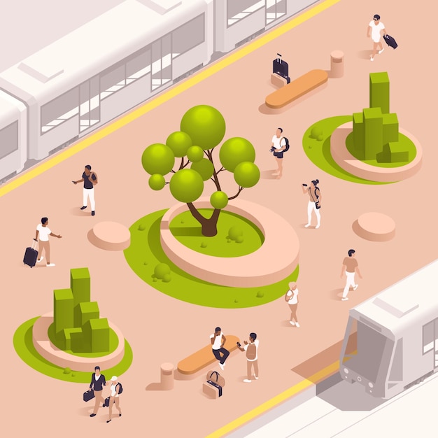 Urban city green spaces eco design isometric and colored composition with city dwellers walking in the street vector illustration