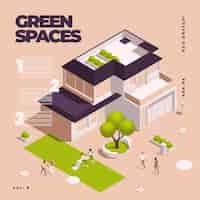 Vettore gratuito spazi verdi urbani della città composizione colorata isometrica di eco design con tre punti grande titolo e casa urbana con l'illustrazione di vettore di verdi