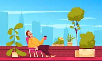 Free vector urban gardening concept with man relaxing on rooftop with growing plants and trees cartoon vector illustration