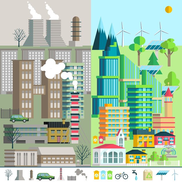 都市景観、環境、生態学、インフォグラフィックスの要素。