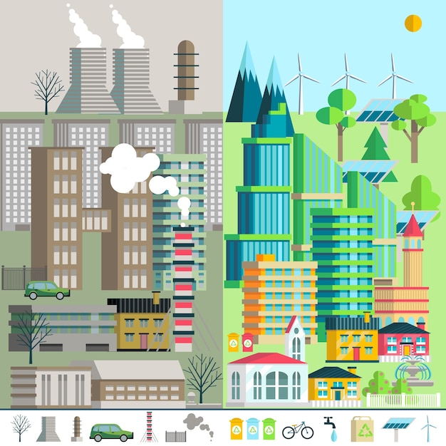 都市景観、環境、生態学、インフォグラフィックスの要素。