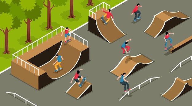 Urban playground for extreme sport isometric background with skate park ramps and teens rollerblading and skateboarding illustration
