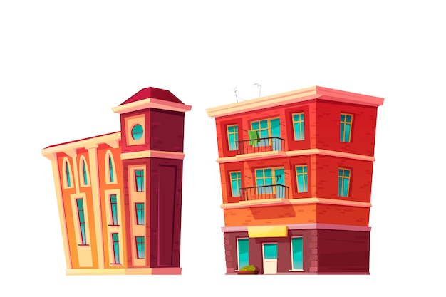 Free vector urban retro building cartoon set