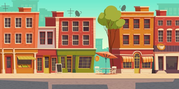 Urban street illustration with small shop and restaurant