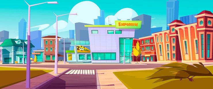 Free Vector urban street landscape with shopping mall, houses