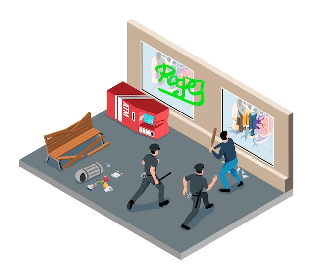 Free vector urban vandalism scene isolated object with police officers detaining hooligan breaking glass showcase isometric vector illustration