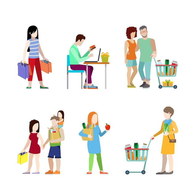 Городские молодые люди магазинная тележкаа продуктовая пара семейный веб-инфографический набор иконок концепции.