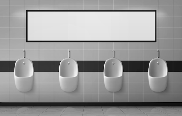 Urinals in male toilet hanging in row on ceramic wall with empty banner or mirror