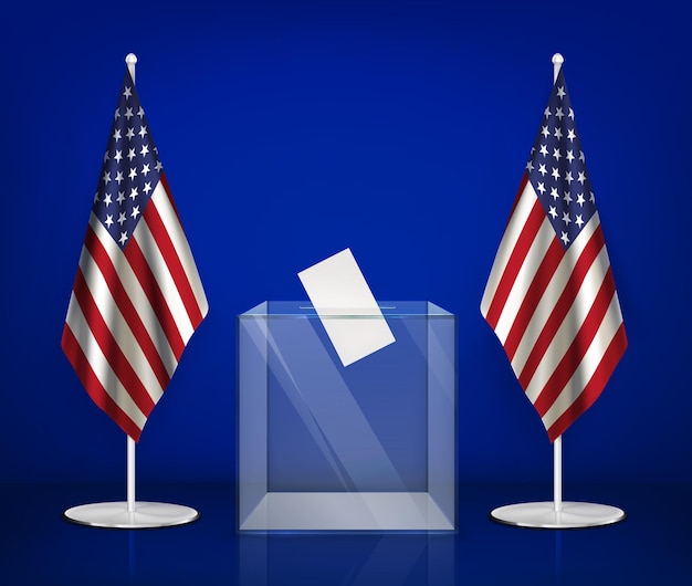 無料ベクター アメリカの国旗のイラストの間に透明な投票箱の画像と米国の選挙の現実的な構成