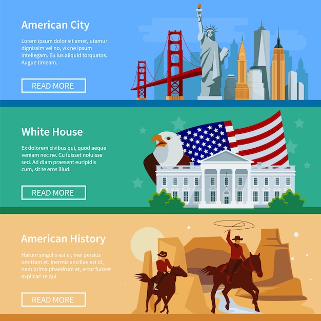 Free vector usa flag banners with american cityscape white house and cowboys