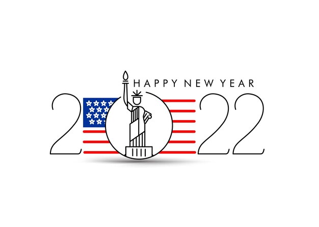 새해 복 많이 받으세요 2022 텍스트 타이포그래피 디자인 패턴, 벡터 일러스트와 함께 미국 국기.